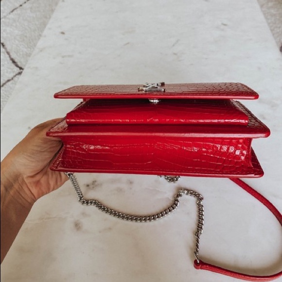 SOLD- Ysl Mini Sunset Croc Embossed Red Calfskin Leather - Picture 7 of 10